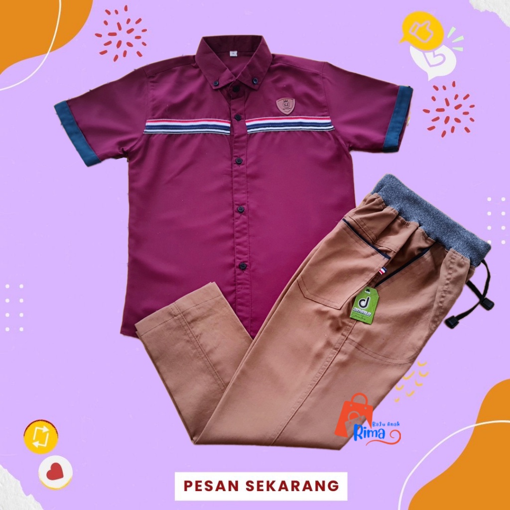 GRATIS ONGKIR dan COD//Setelan Kemeja Anak Cowok/Pria Polos Strip Horizon dengan Celana Chinos Panja