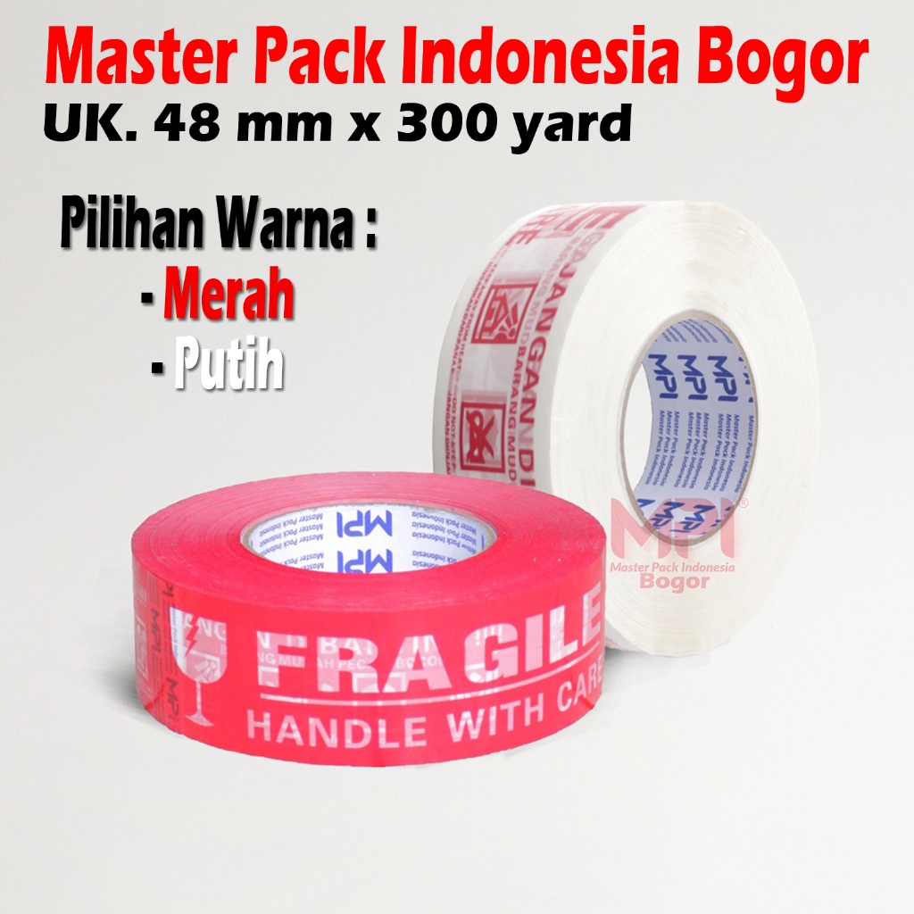 

Lakban Fragile Merah - Lakban Fragile Putih 48mm x 300 Yard Handle With Care Jangan Dibanting - Master Pack Indonesia