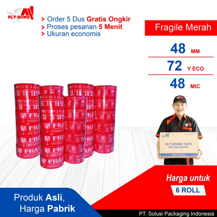 

FLYHOME Fragile merah 72yard 36 roll 48mm x 72yard lakban Fragle ECO - Merah