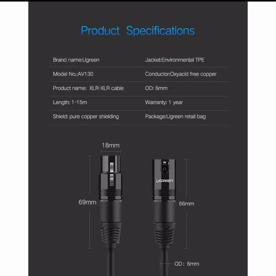 UGREEN Kabel XLR Male to Female Extension Audio Cable 1m 2m Microphone for Kamera Sound Card Phantom Power Amplifier Sound 20708 / 20710 Original