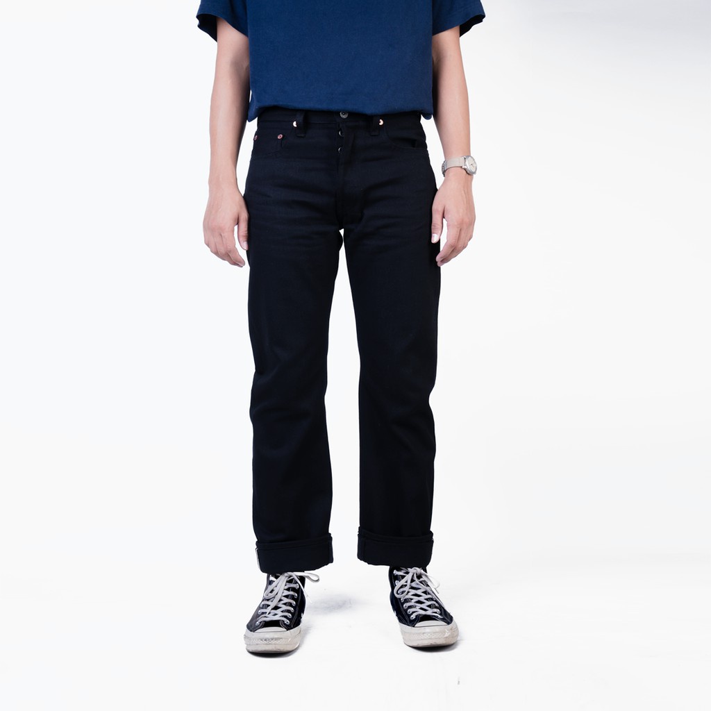 EARTHY GENOVA - Denim Selvedge RAVEN 363 15 Oz Sanforized Celana Raw Jeans Pria Black X Black Red Li