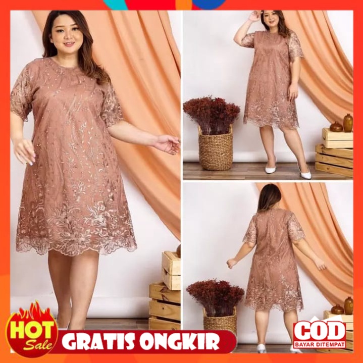 KAIN ADEM HALUS TEBAL / (DIJAMIN REALL PICT) DRESS JUMBO BRUKAT TILLE XL,XXL,XXL LD115-130cm Over Si