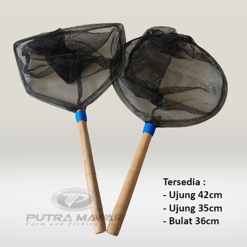Jaring Seser Bulat Dan Segilima Gagang Kayu / Serokan Ikan Kain Strimin Super Kuat Besar Kecil Yang 