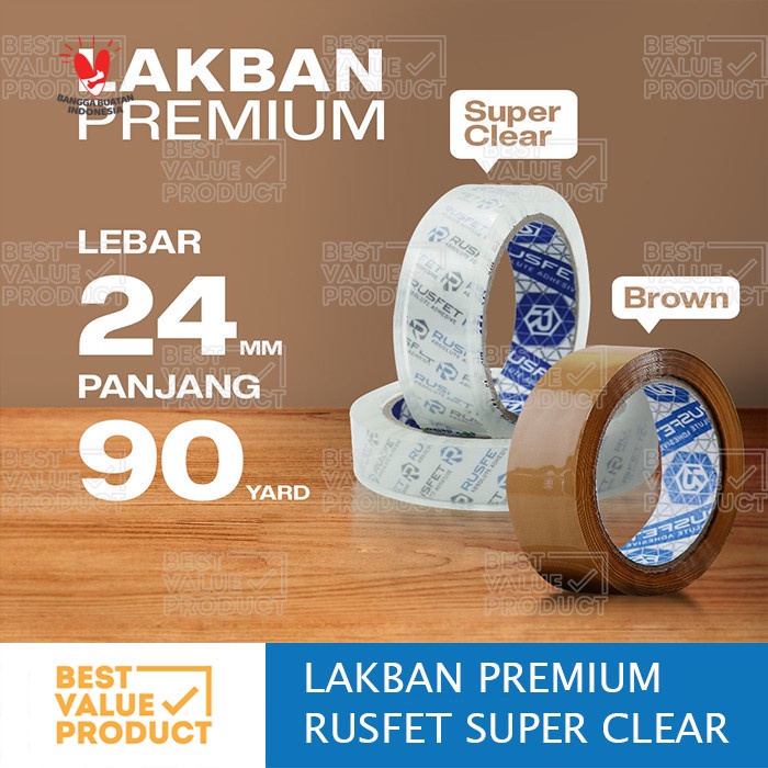 

Lakban RUSFET Premium Super Clear Ukuran 24 mm x 90 yard
