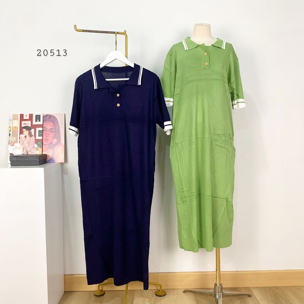 DRESS PANJANG WANITA RAJUT VARIASI LIST GARIS PINGGIR TWIN BUTTON KERAH V NECK TANGAN PENDEK PREMIUM