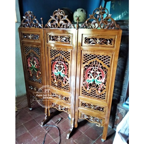 Bisa COD Furniture Mebel Jati Jepara Sketsel Penyekat 3 Pintu Full Ukir TM