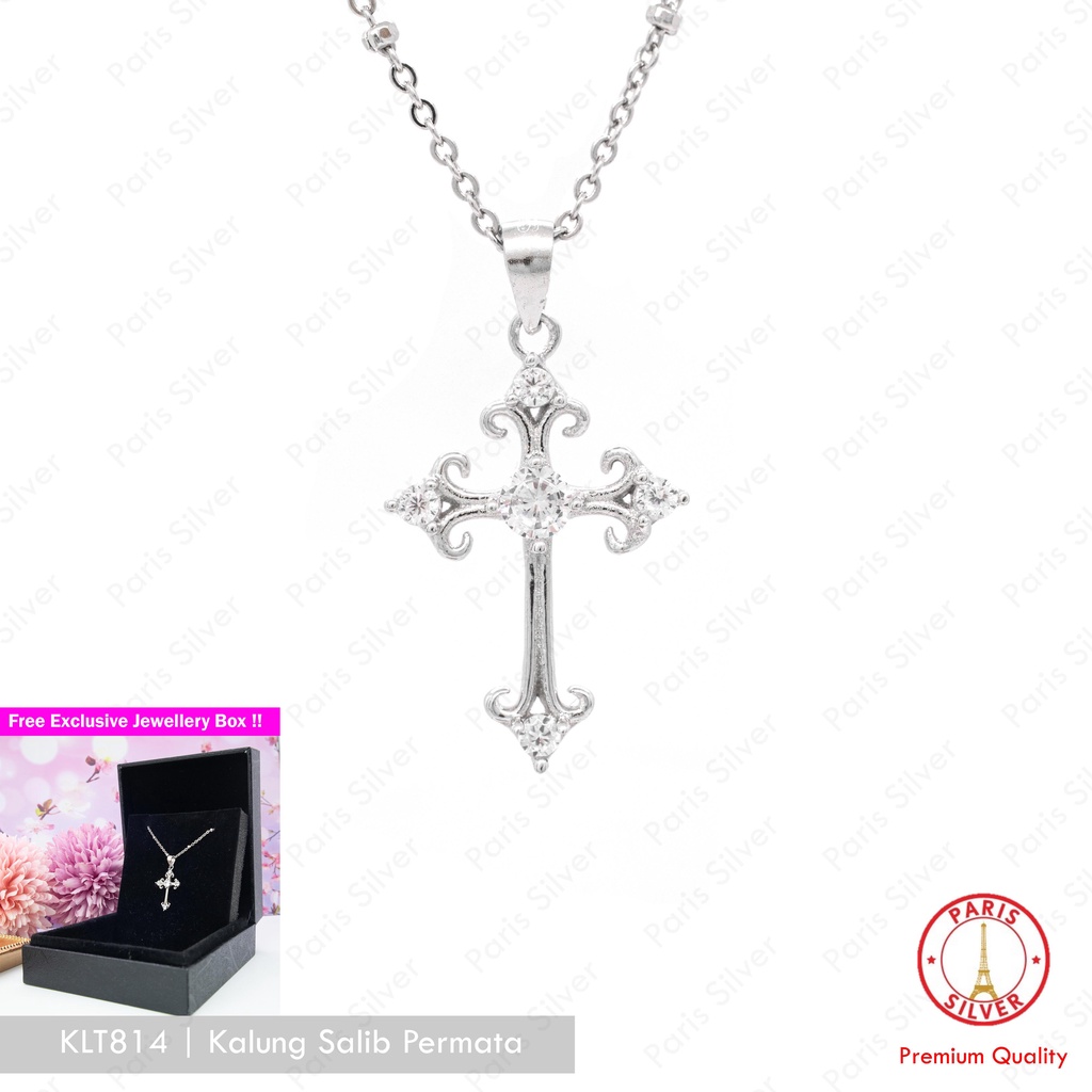 Kalung Salib Permata Perak Asli Silver 925 Lapis Emas Putih Pria Wanita Liontin Cewek Bandul Salip