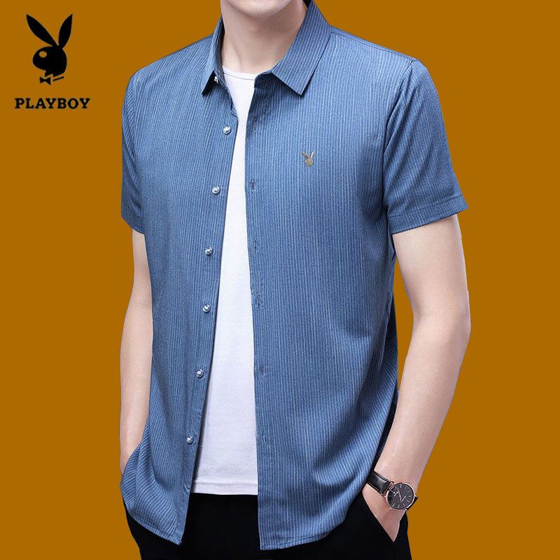 Playboy Kemeja Lengan Pendek Pria, Pakaian Kasual Bisnis Bergaris Serat Bambu Baru Musim Panas Pemud