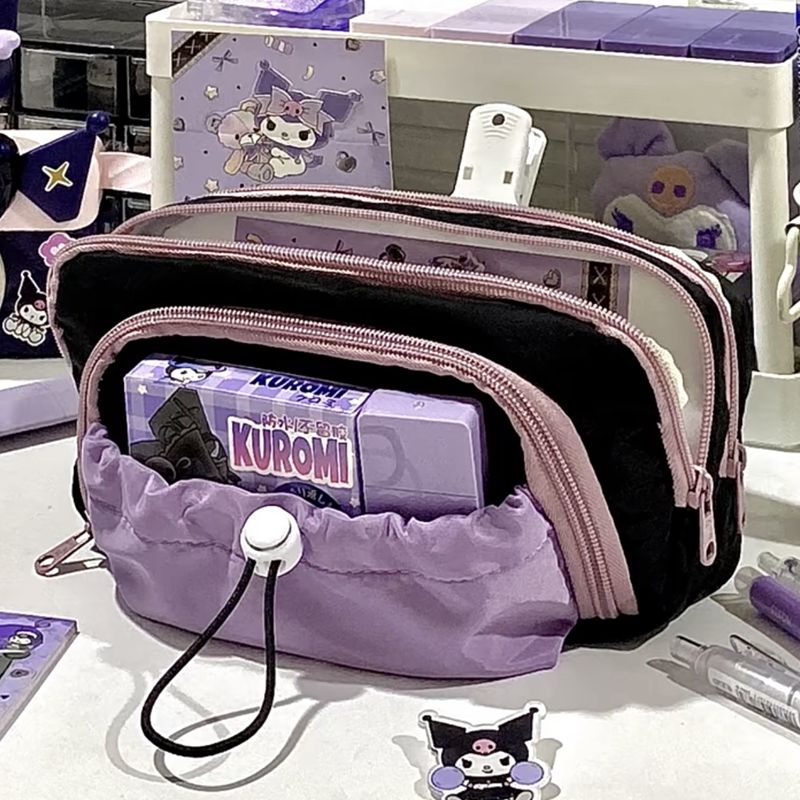 

Drawstring four layer windowed pencil case purple portable large capacity storage bag desktop stationery box