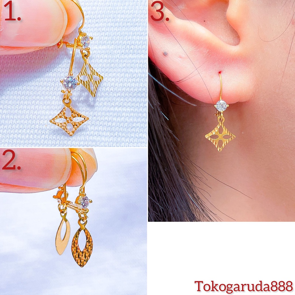 Anting anak dan dewasa emas asli kadar 700 70 16k branded segi daun ukir kilat desi gantung permata 