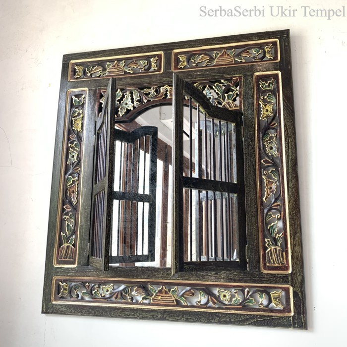 Cermin Hias Dinding Jendela Ukir Kayu Jati Motif Bunga Home Decoration Termurah
