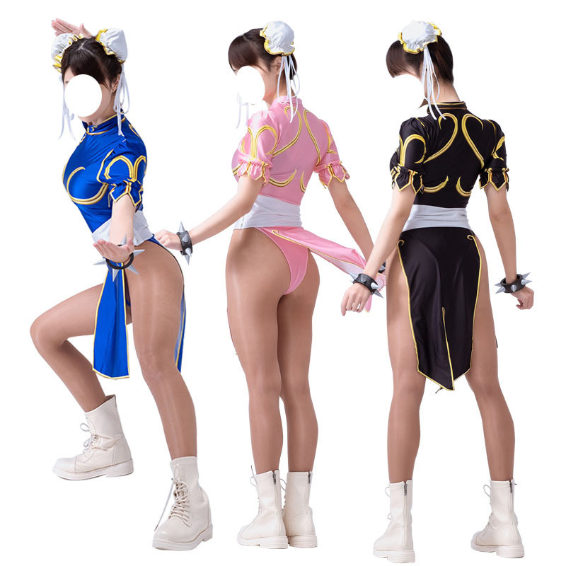 Game Chun Li Cosplay Costume Street Fighter Blue Pink Cheongsam Dress Women Halloween Sexy Outfit Se