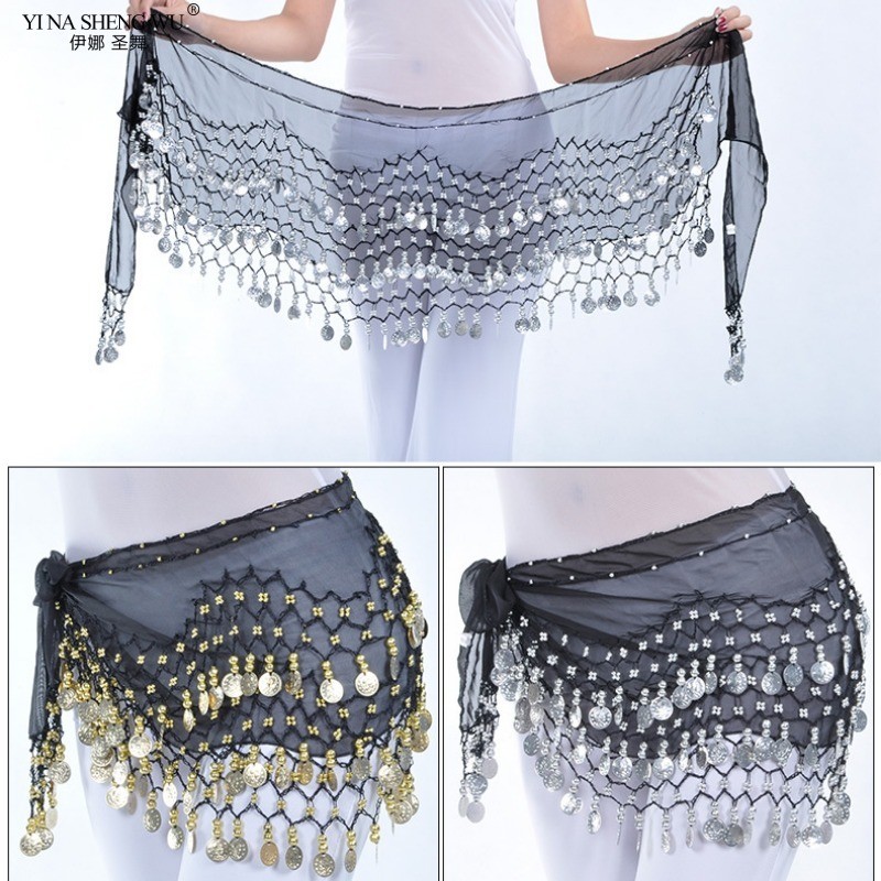 

New Belly Dance Waist Chain 128 Coins Chiffon Fabric Three-layer Coins Dance Performance Accessories Belly Dance Hip Scarf