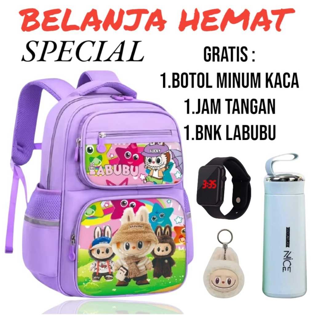 Tas Sekolah Anak Karakter Labubu Lucu | Ransel + Tempat Minum TK SD SMP SMA