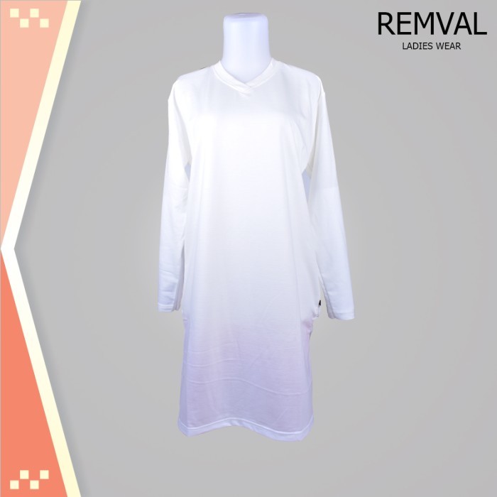 Tunik Premium Korean Style /Remval kaos Tunik Wanita V Neck Lengan Panjang Bahan Baby Terry - Putih,