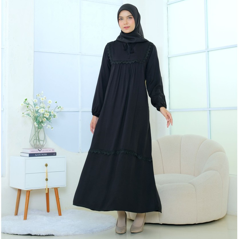 [HOT NEW] RILLEY - Gamis Maureen | Dress Panjang Muslim Wanita Hitam Bahan Rayon