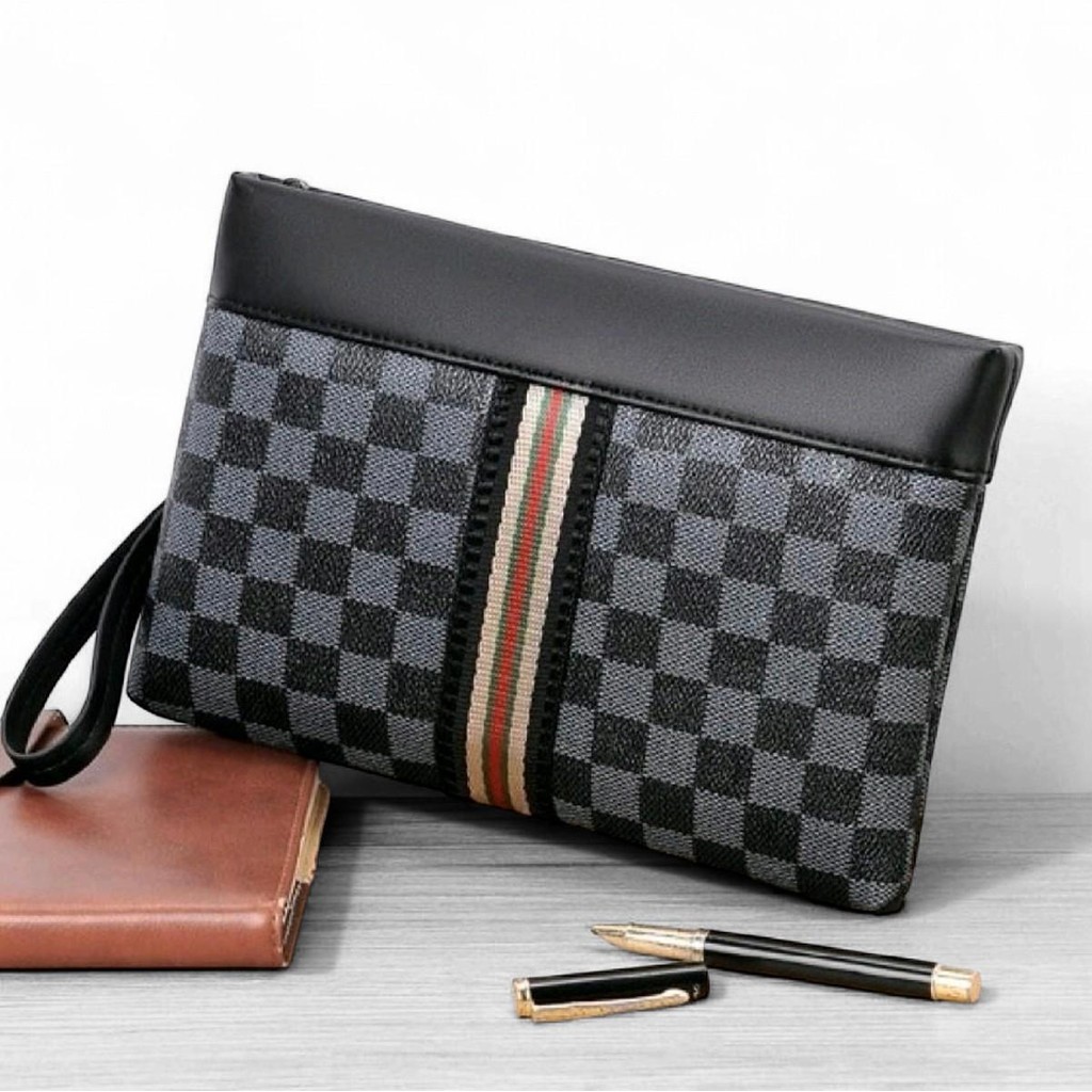 Business Clutch PU Leather Osaka Tas Tangan Handbag Pria Wanita-Hitam kotak kotak