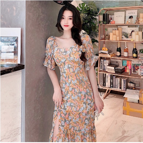 Midi Dress Rok Sebetis dibawah Lutut Duyung Belahan Kuning Warna Warni Floral Lengan Pendek - Dres G