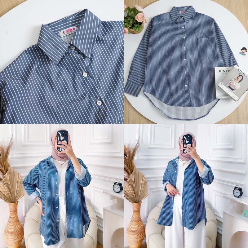 AZ.FS - RFS Atasan Wanita Kemeja Oversize Lengan Panjang Stripe / SALURIA Oversize Shirt / Hem Garis