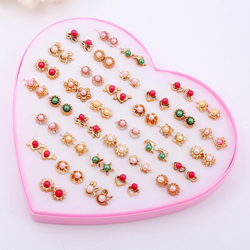 36Pasang/Set Anting Tusuk Bentuk Hati Bahan Plastik Warna Emas Untuk Wanita -