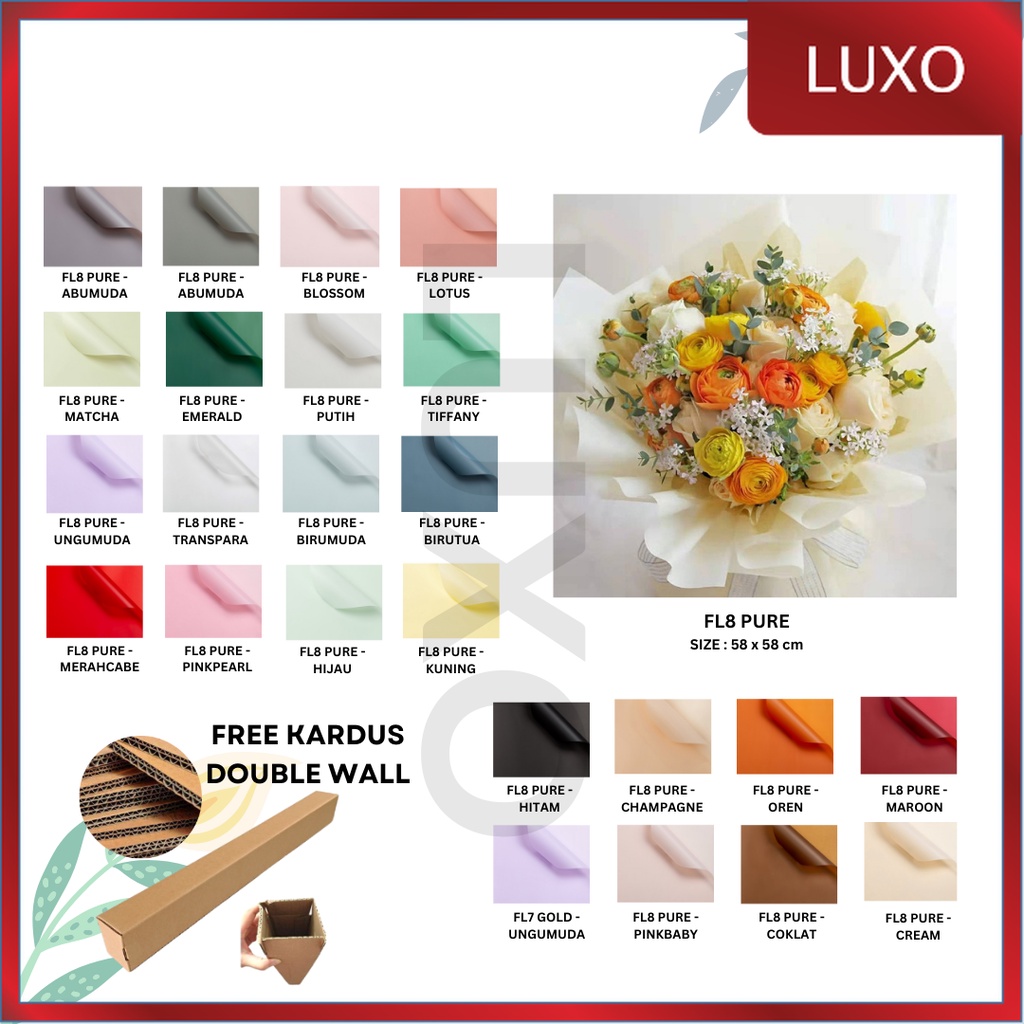 

LUXO - (5 LEMBAR) - FL8 PURE Kertas Bunga Buket Warna Polos/Kertas Buket Bunga Florist Cellophane