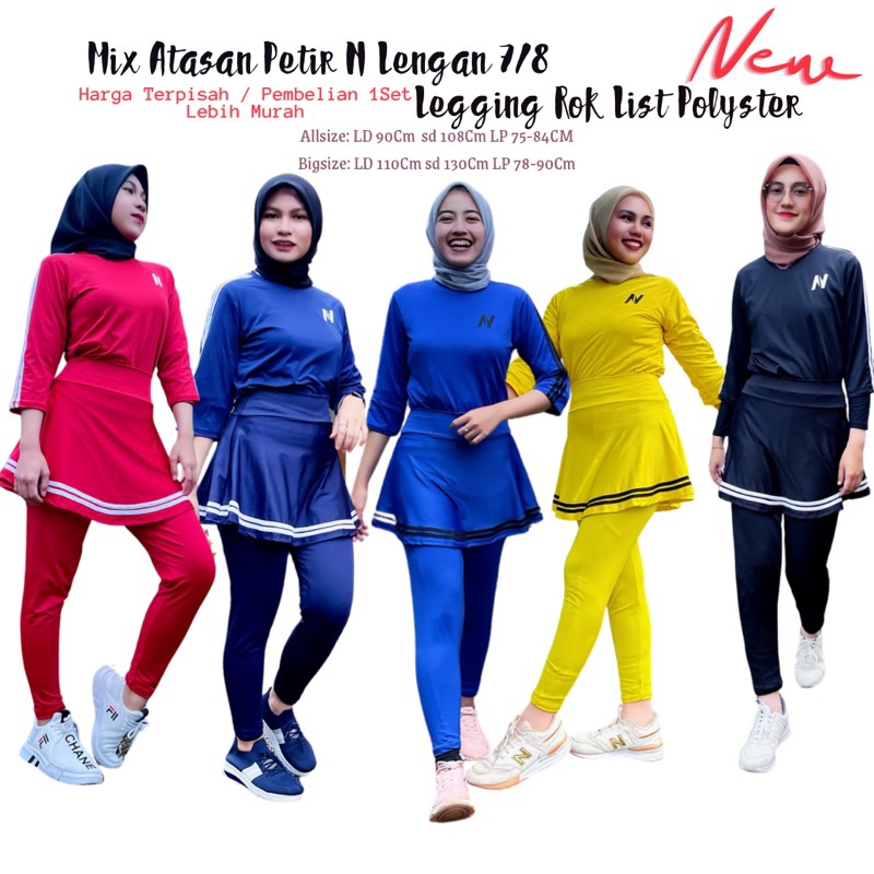 Atasan Baju Senam N Petir dan Legging Rok Senam Model List Bahan Polyster Spandek Allsize dan Bigsiz