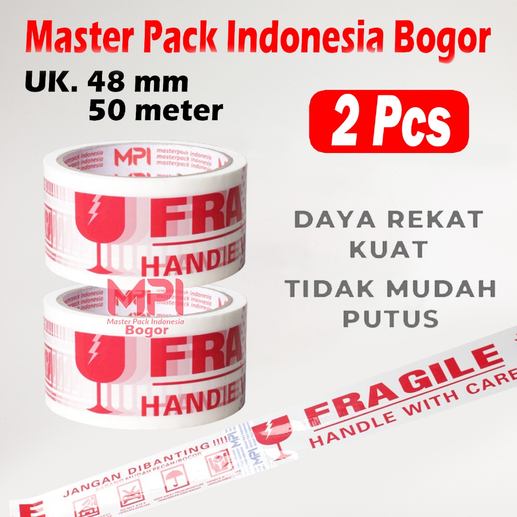 

2 PCS - Lakban Fragile Putih 48 mm x 50 yard - Handle With Care Jangan Dibanting - Master Pack Indonesia Bogor