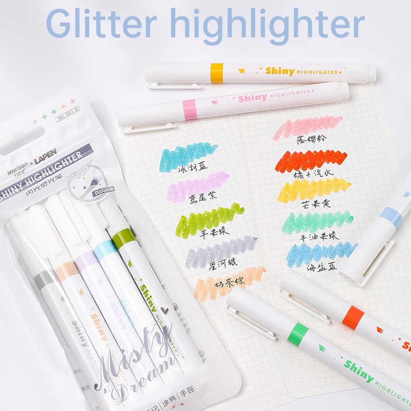 

COD✨ 5 PCS Pena Penyorot Glitter SpidolStabilo Set /Spidol Warna Warni 5 pcs School Supplies Buku Besar Tangan Siswa GS