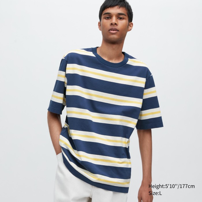 UNIQLO T-Shirt Oversize Garis Lengan Half 457931 Uniseks - 68 BLUE