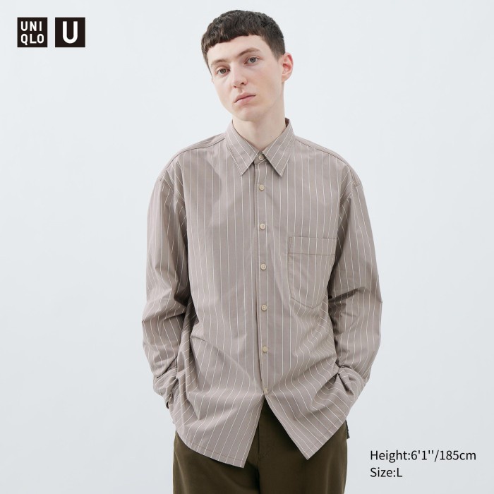UNIQLO Kemeja Broadcloth Oversize Garis Lengan Panjang 465730 Pria