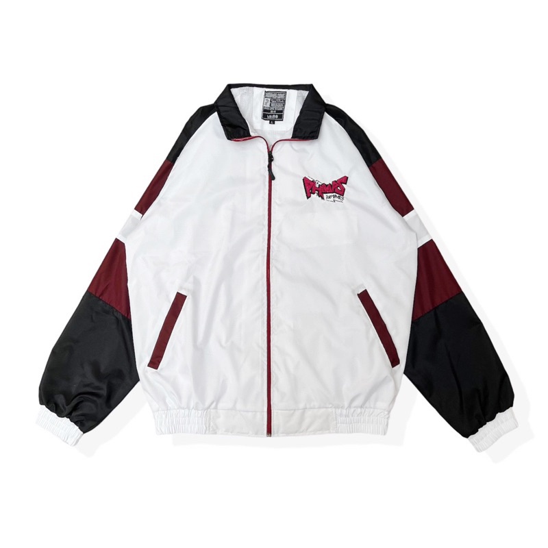 PHOMPPHIESS Jaket Retro Putih strip Maroon Jacket Sport Pria Wanita