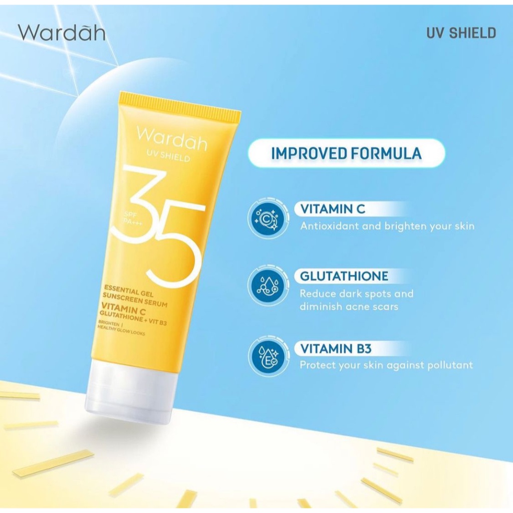 Wardah sunscreen sun care SPF 35 kemasan baru kuning uv shield anti UVA UVB sunblock