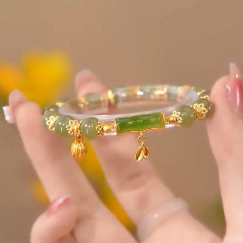 Wearmoura Gelang Giok Lucky Hoki Karet Bambu Hijau Titanium | Aksesoris Gelang | Gelang Giok Asli Ch