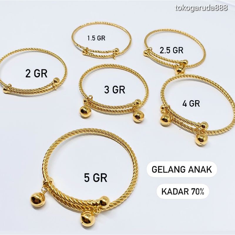 Gelang bangle anak bayi anak dan dewasa emas asli kadar 700 70% selisih lilit lonceng padat tahan ul