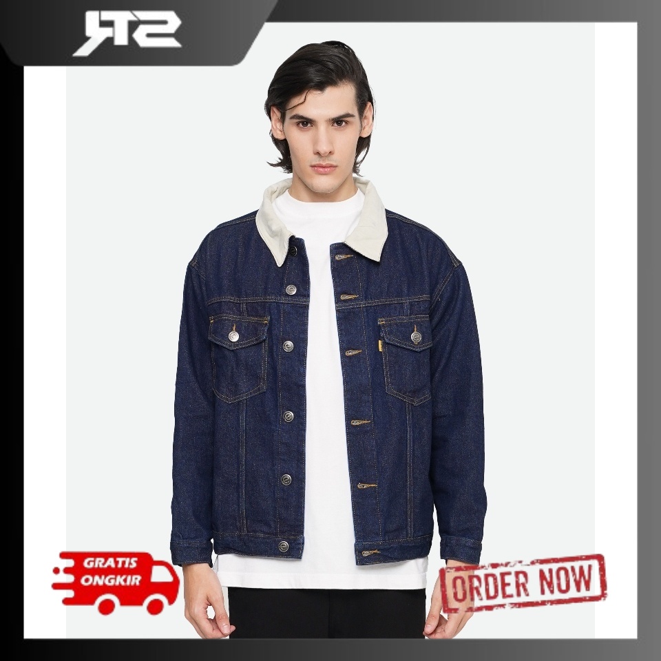 Denim Jacket Corduroy Collar Lien Dark Blue Unisex