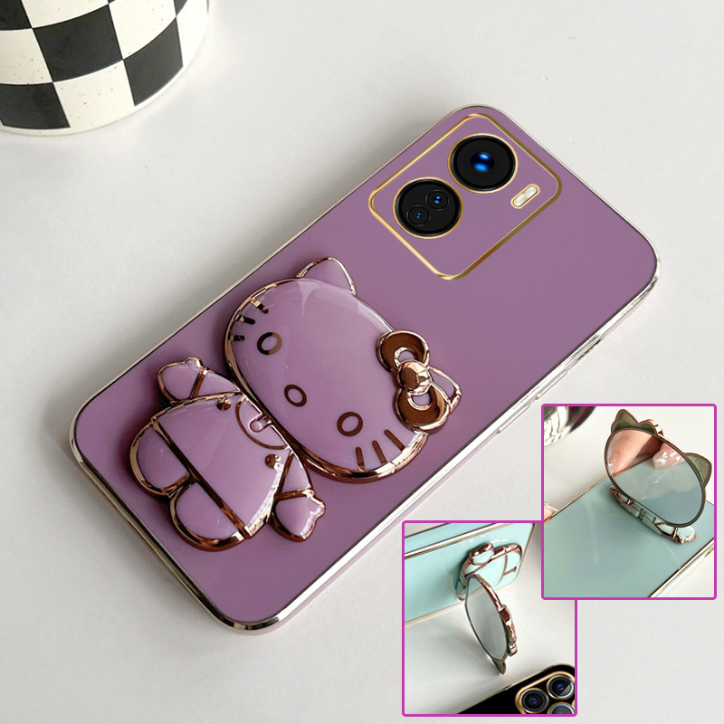 Case Stand untuk Vivo Y16 Y15 Vivo Y15a Y15c Y15s vivi vivoY16 vivoY15 vovo vivoY15a vivoY15c viv0 vivoY15s Holder Casing HP Softcase Kesing Lucu Cesing Cassing Phone Soft pemegang cermin kucing kucing Creative Sofcase Cashing Kasing