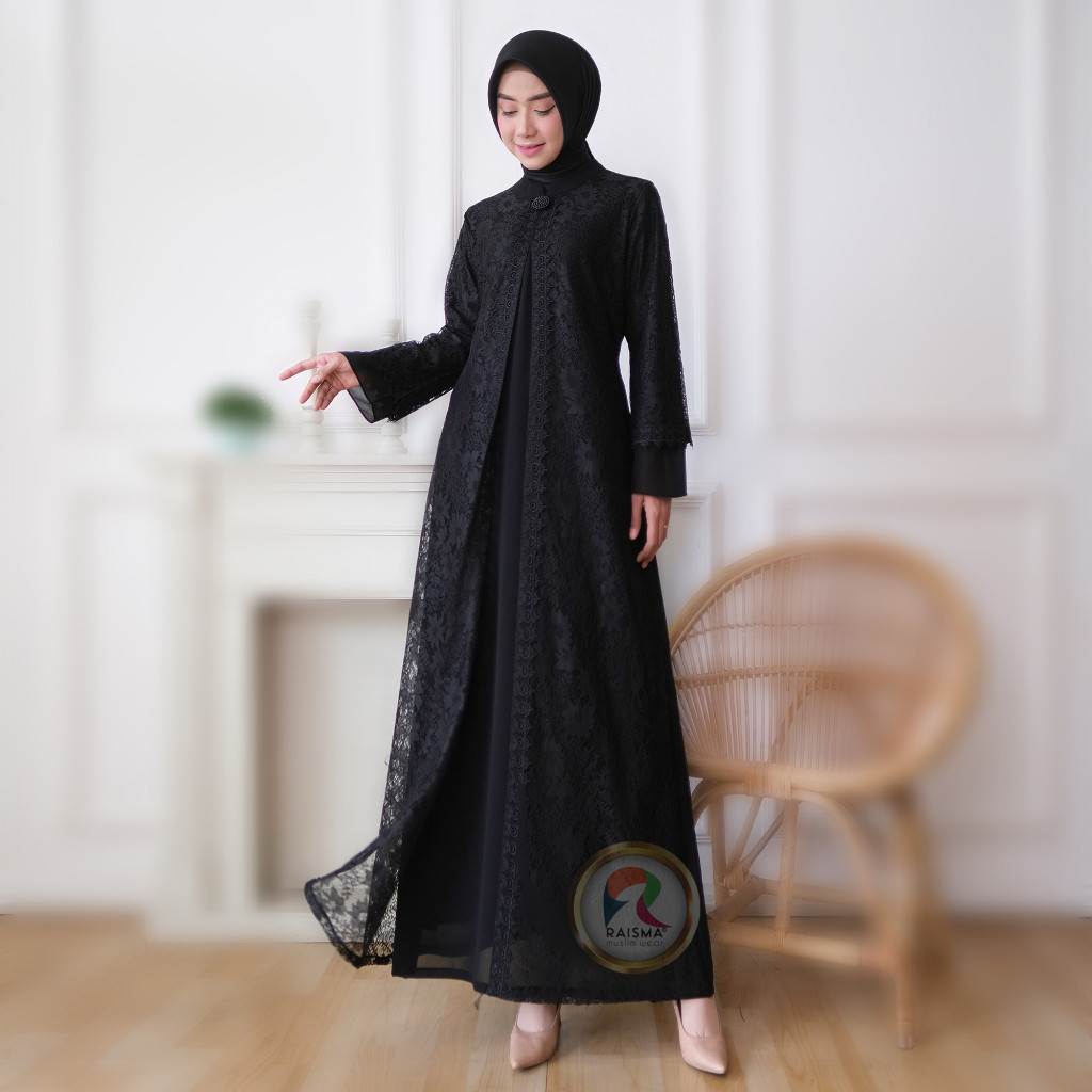 [HOT NEW] Raisma - Ricca Gamis Hitam Wanita Motif Full Brokat Dress Wanita Muslim Terbaru