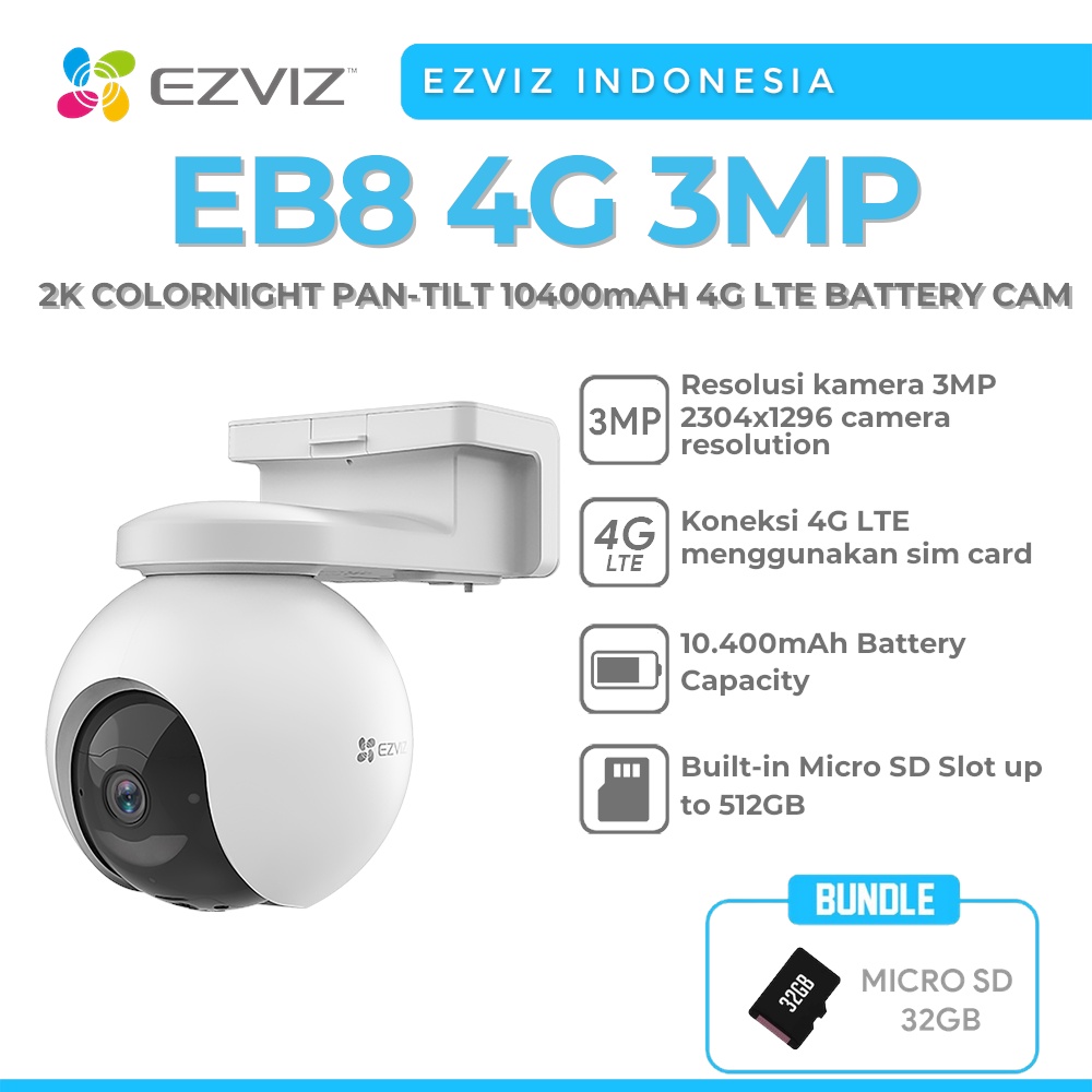 EZVIZ EB8 4G 3MP 2K COLORNIGHT PAN-TILT 10400MAH 4G LTE BATTERY CAM FREE MICRO SD 32GB