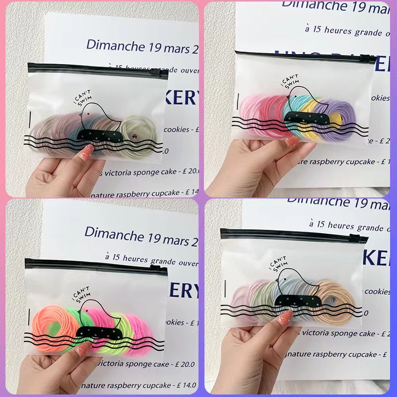 (100pcs) + pouch ikat rambut karet polos warna-warni dewasa import ala korea/Ikat Rambut Elastis