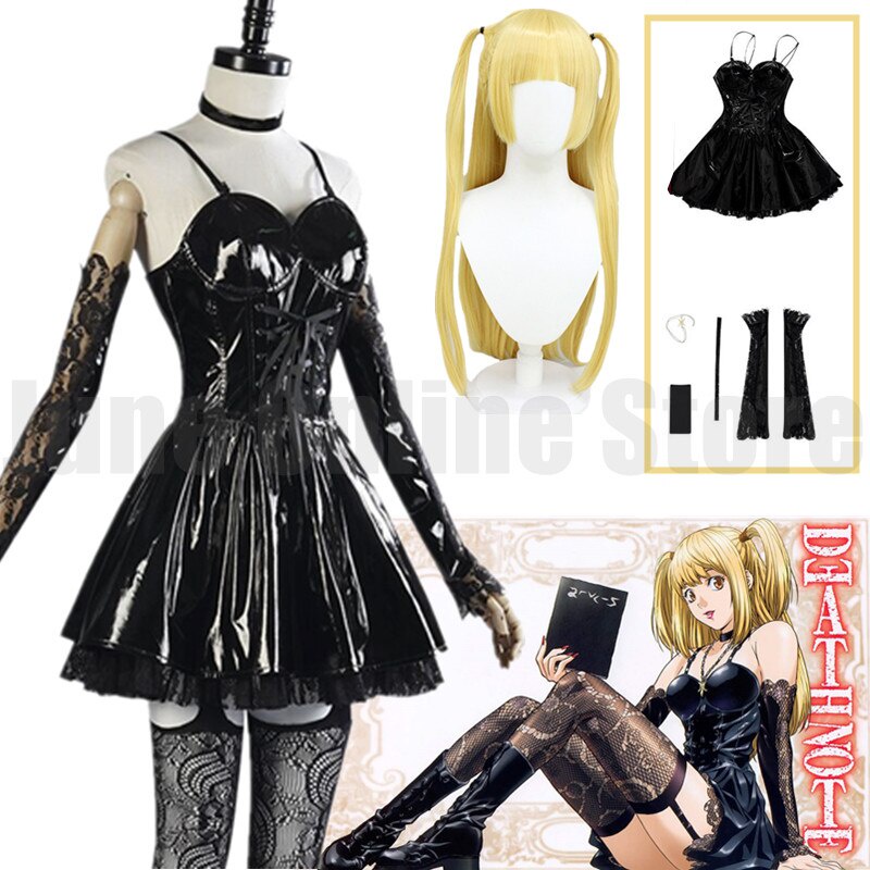 PREORDER Death Note Cosplay Costume Amane Misa Imitation Leather Sexy Dress +gloves+stockings+neckla