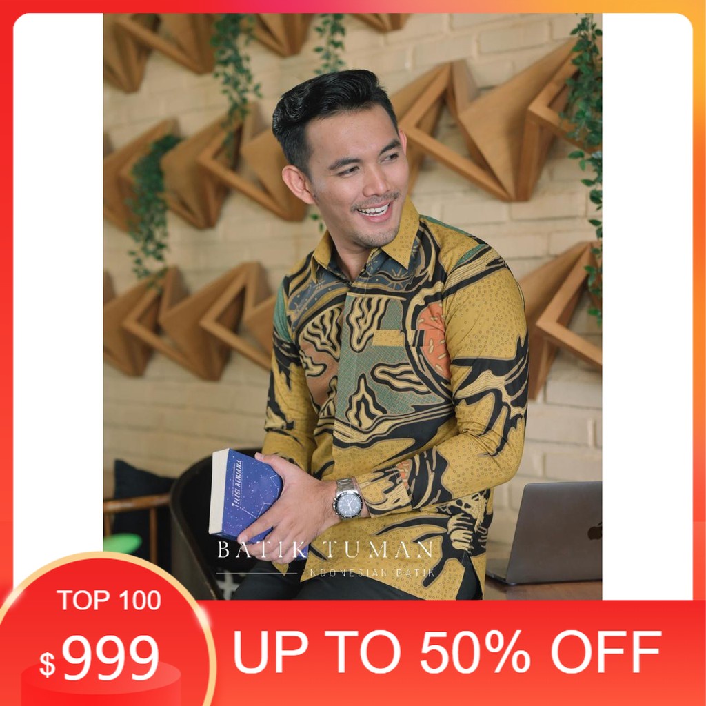 (SLIMFIT & REGULER) PONDRAKARNA Kemeja Batik Pria Warna Kuning Pastel Batik Mega Mendung Batik Motif