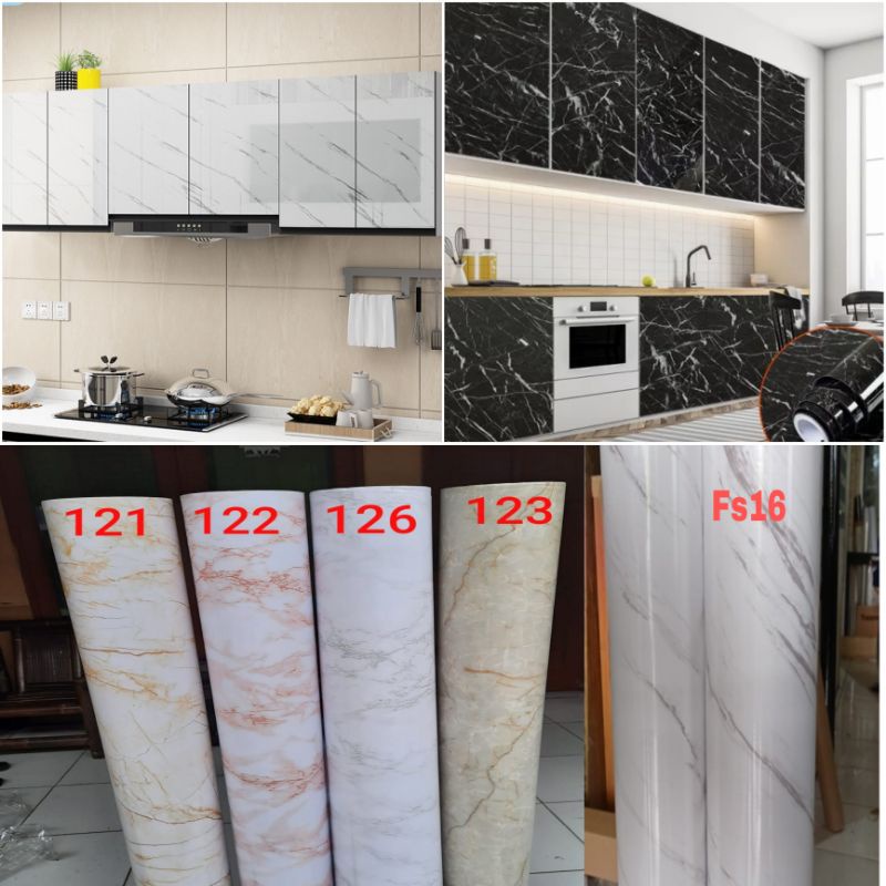 Sticker furniture lemari meja Motif polos putih bahan doff,glossy dan serat kayu hitam biru vinil