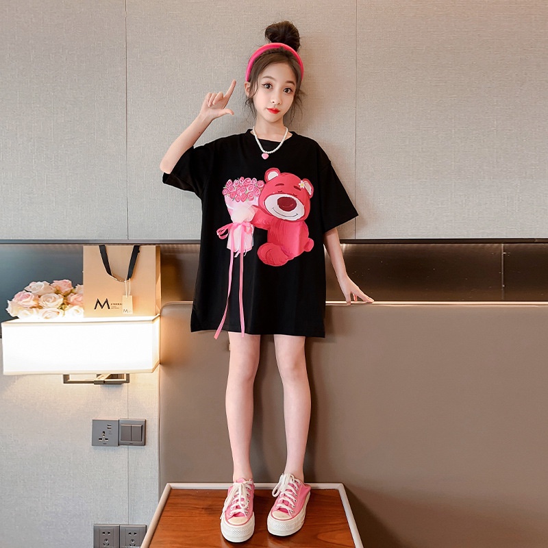 Pakaian anak-anak perempuan warna hitam gaun kaos lengan pendek versi Korea gaun bodycon gadis modis