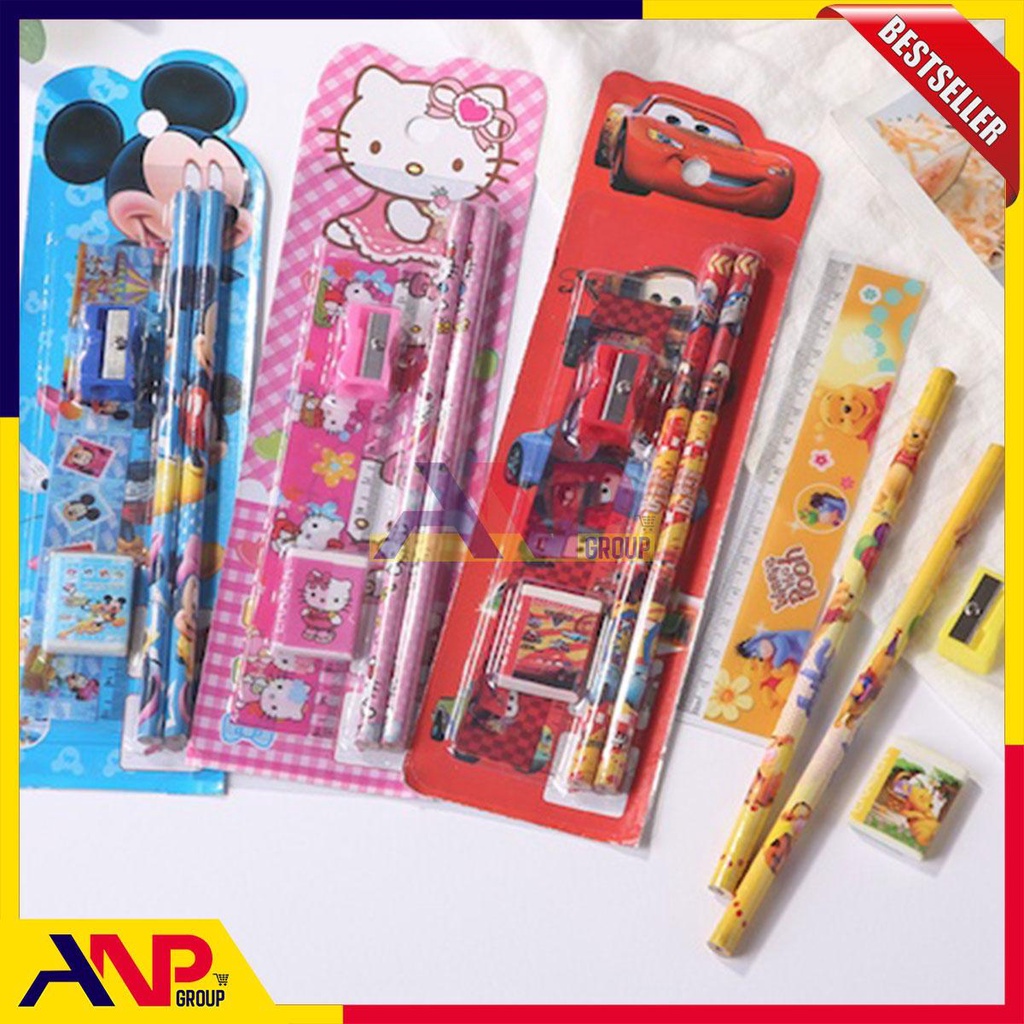 

ANP88 Stationery Mini Set Alat Tulis Sekolah Karakter 5in1 / Alat Tulis Karakter Set 5In1 / Paket Lengkap Pensil Penghapus Rautan Penggaris Bergambar Kartun / Mini Stationery Set Character ATK
