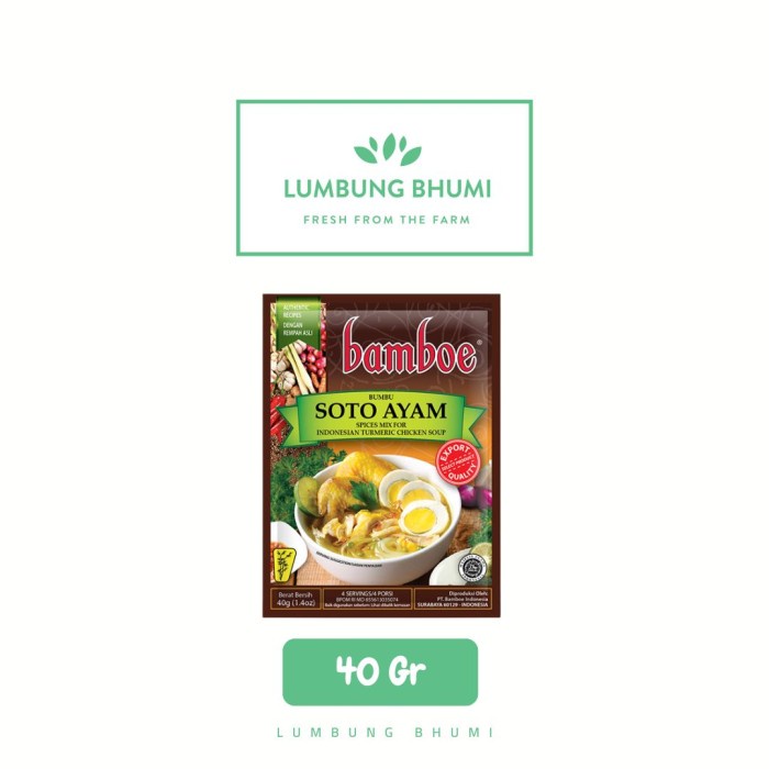 

BAMBOE Bumbu Soto Ayam 40 Gr Ecer 1 Pcs - Lumbung Bhumi