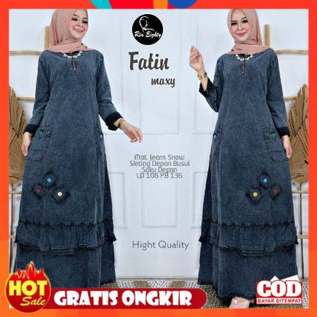 KAIN ADEM HALUS TEBAL / Fatin dress korea wanita jeans maxy busui / gamis terbaru 2022 denim high qu
