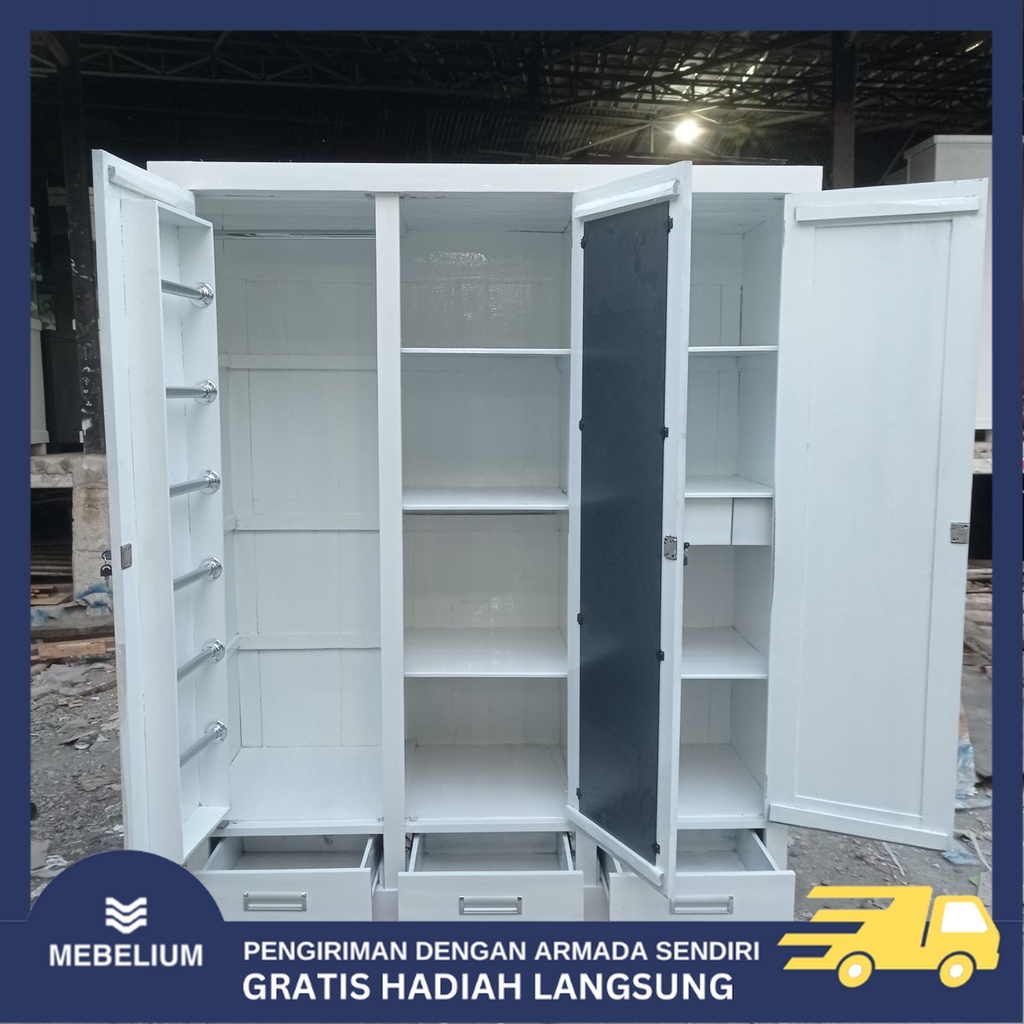 PROMO CUCI GUDANG [Jabodetabek] Lemari Pakaian / Baju Putih Rak Hijab 3 Pintu Laci Bahan Full Kayu J