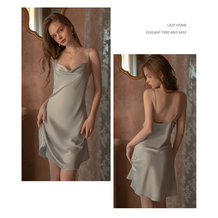 Ready SEXY LINGERIE DRESS SLEEPWEAR BAJU SEXY WANITA SATIN PREMIUM 148 - Biru langit, L