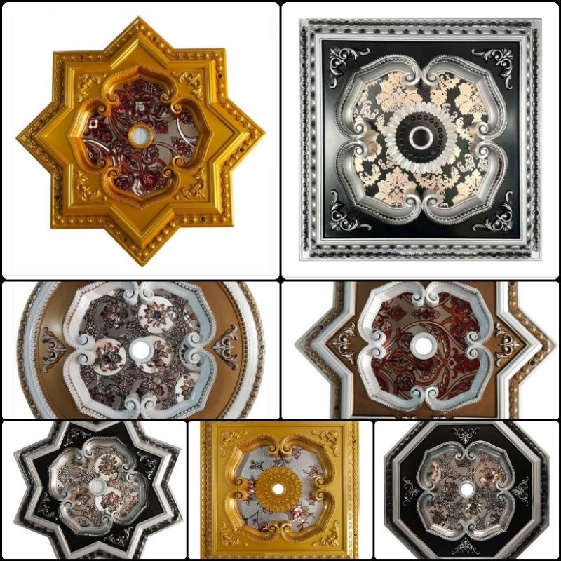 NEW ORNAMEN lampu ceiling hiasan plafon PVC 60 x 60 CM Motif Bintang Kotak Bulat Warna Putih Gold Hi