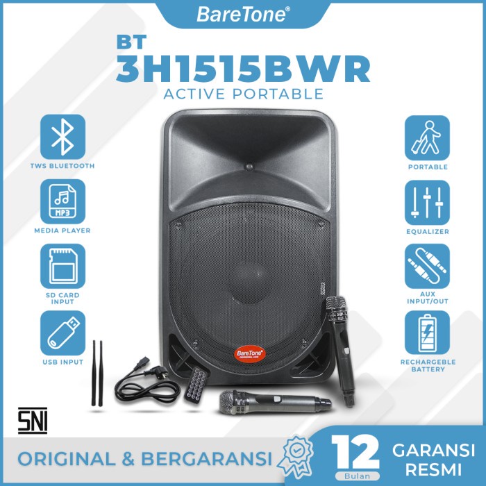Speaker Portable BareTone BT-3H1515BWR / BT 3H 1515 bwr / 15 bwr /15bwr Type 15Inch